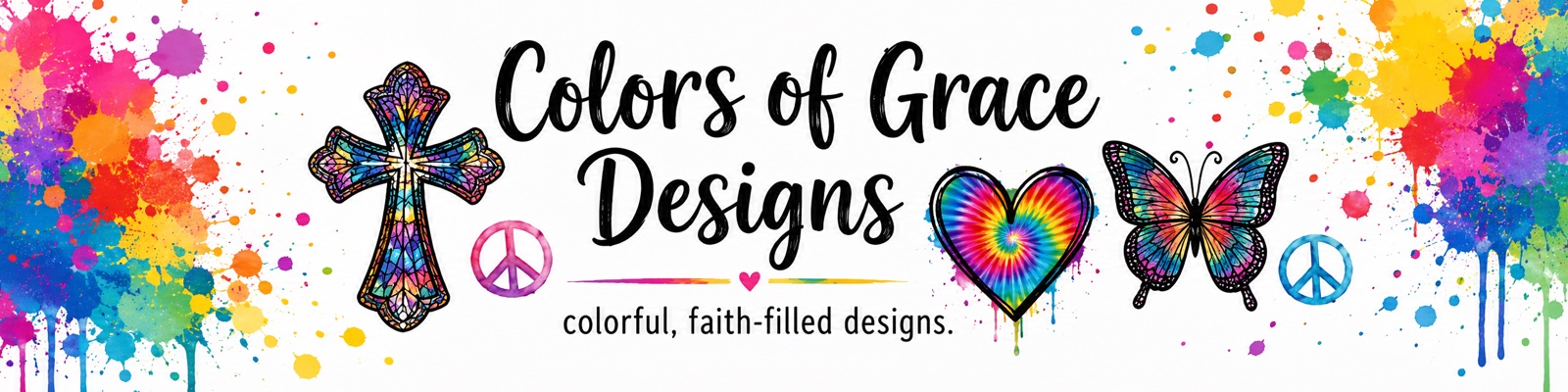 Colors of Grace Designs — colorful, faith-filled designs. Stained-glass cross, tie-dye heart, and rainbow butterfly with paint splatter.