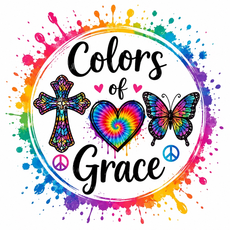 Colors of Grace logo — a stained-glass cross, tie-dye heart, and rainbow butterfly ringed in paint splatter